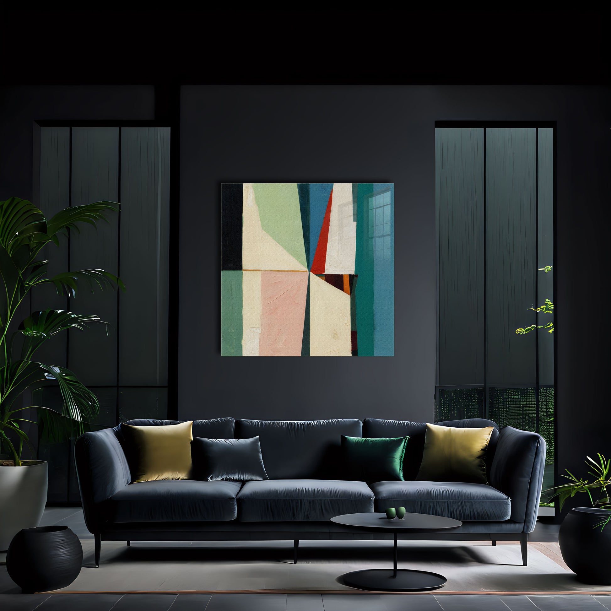 Exclusive contemporary abstract art luxury artwork print, it's 12-colour Giclée printed, then hand mounted on to a luxury 10mm thick, high gloss acrylic panel with crystal clear diamond polished edges. On the back is an invisible floating subframe, giving a very modern and contemporary look that creates a dramatic focal point. Image 2.