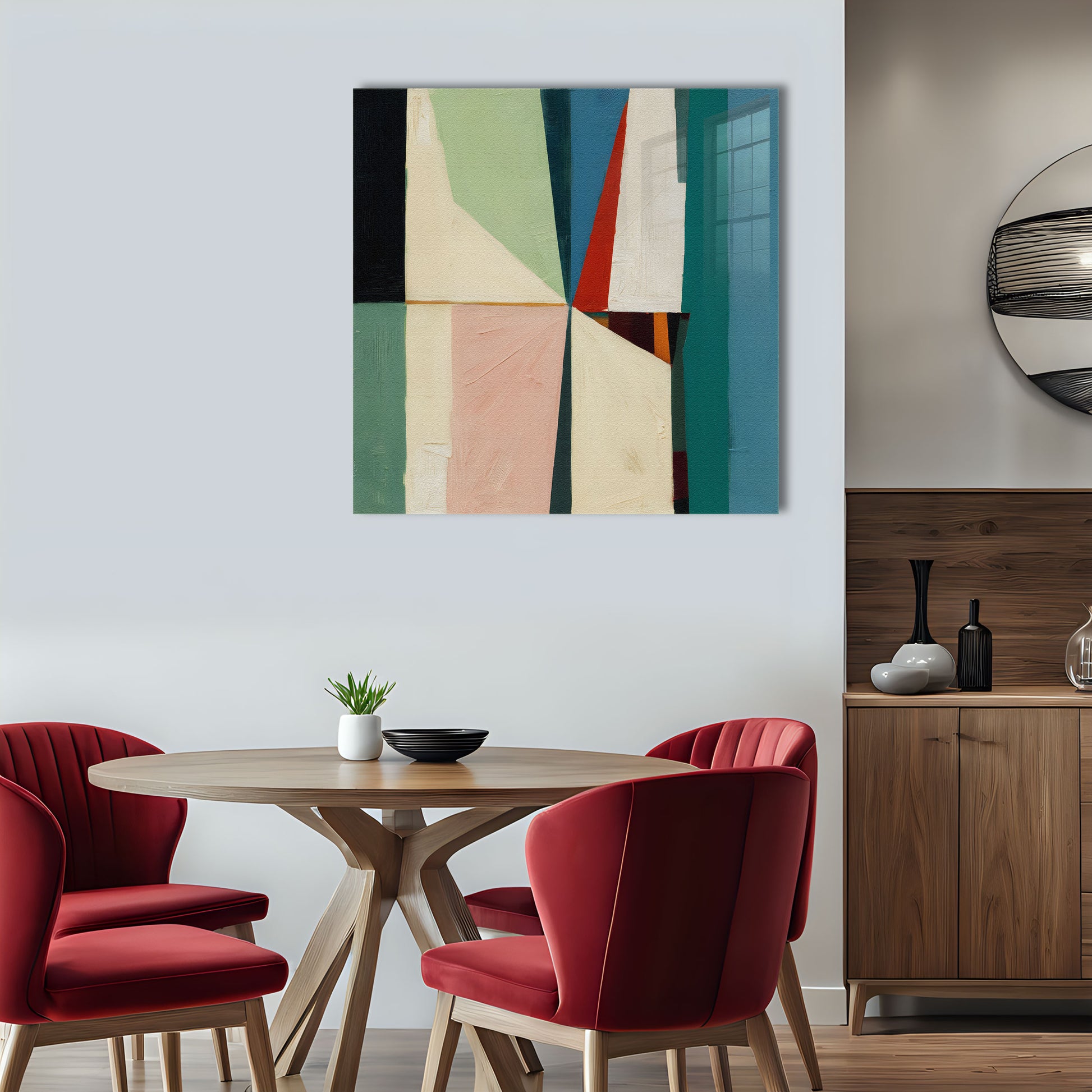 Contemporary abstract art luxury artwork print, it's 12-colour Giclée printed, then hand mounted on to a luxury 10mm thick, high gloss acrylic panel with crystal clear diamond polished edges. On the back is an invisible floating subframe, giving a very modern and contemporary look that creates a dramatic focal point. Image 4.