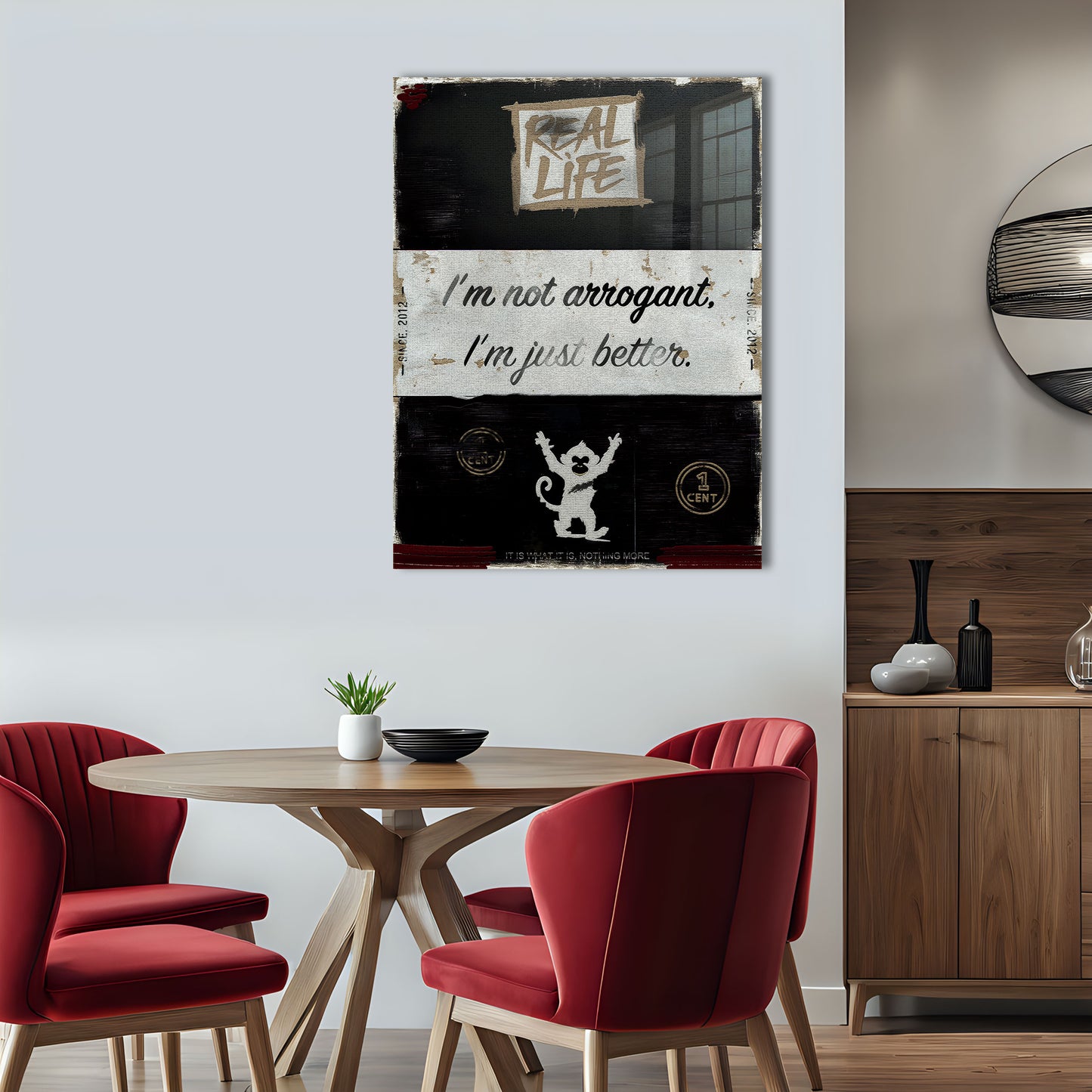 Arrogant is an original and exclusive contemporary art, luxury artwork print, it's 12-colour Giclée printed, then hand mounted on to a luxury 10mm thick, high gloss acrylic panel with crystal clear diamond polished edges. On the back is an invisible floating subframe, giving a very modern and contemporary look that creates a dramatic focal point. Image 4.