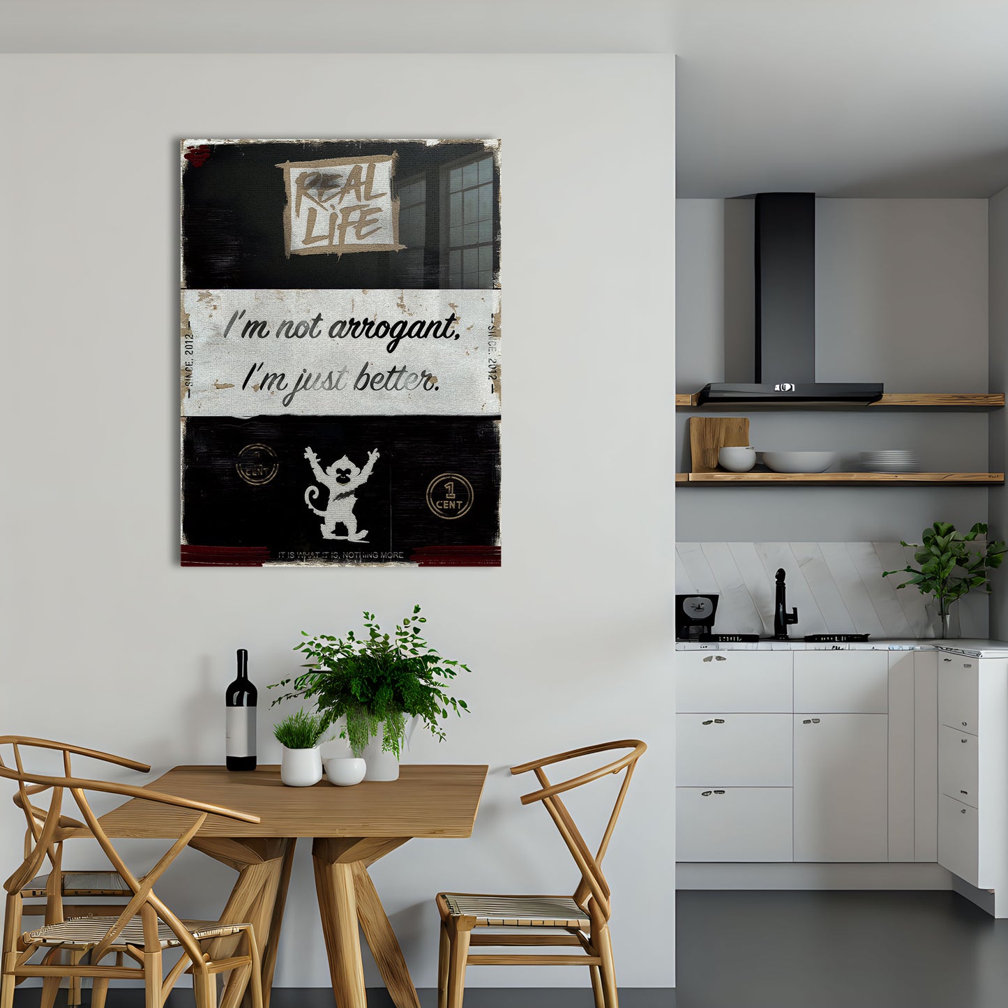 Arrogant is an original and exclusive contemporary art, luxury artwork print, it's 12-colour Giclée printed, then hand mounted on to a luxury 10mm thick, high gloss acrylic panel with crystal clear diamond polished edges. On the back is an invisible floating subframe, giving a very modern and contemporary look that creates a dramatic focal point. Image 5.