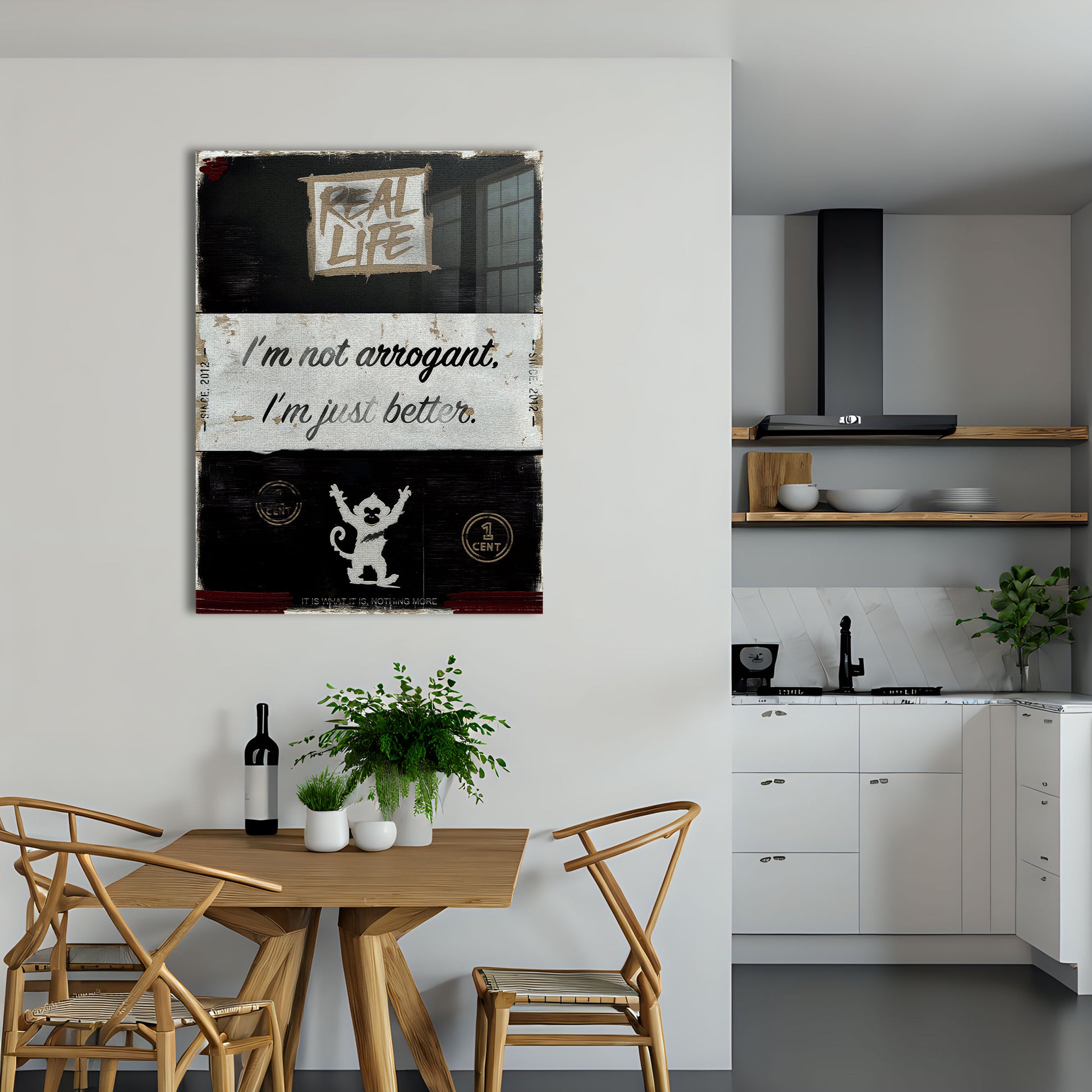 Arrogant is an original and exclusive contemporary art, luxury artwork print, it's 12-colour Giclée printed, then hand mounted on to a luxury 10mm thick, high gloss acrylic panel with crystal clear diamond polished edges. On the back is an invisible floating subframe, giving a very modern and contemporary look that creates a dramatic focal point. Image 5.