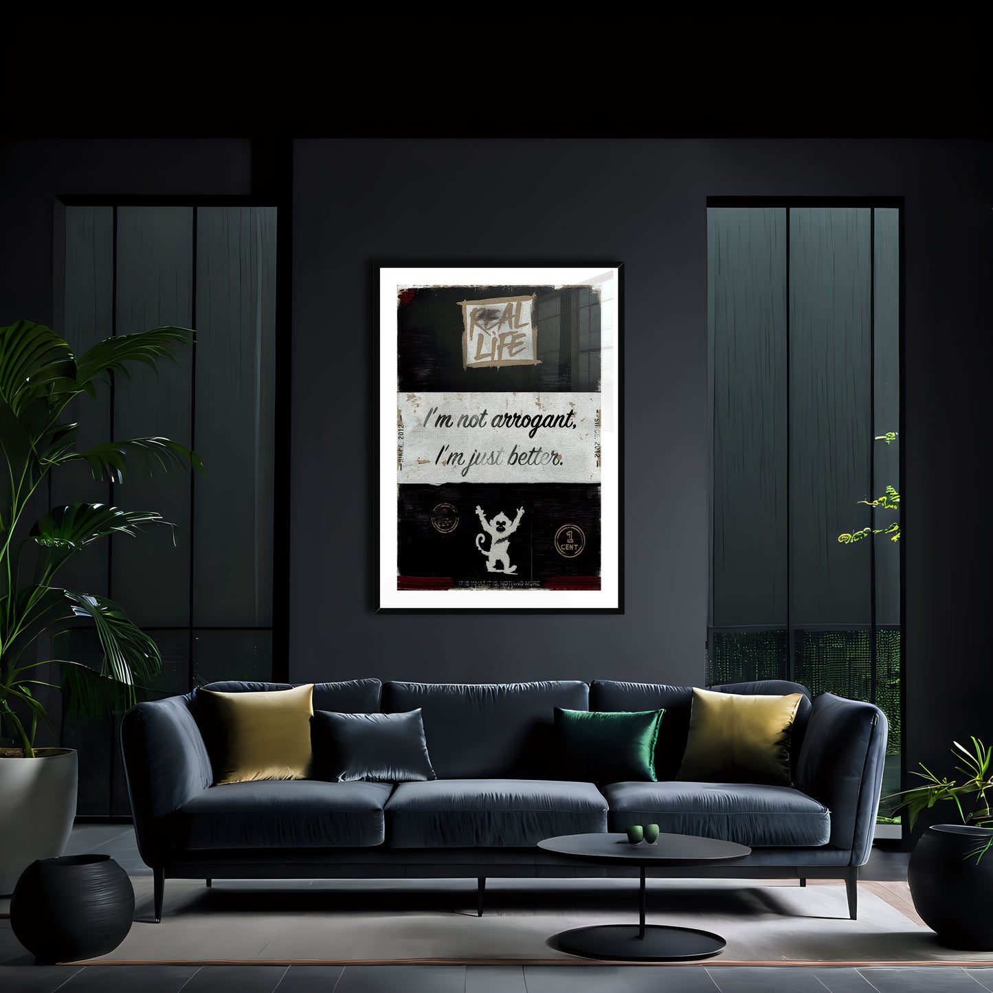 Arrogant is an original and exclusive contemporary art, luxury artwork print, it's Giclée printed on to premium, gently textured museum grade fine art paper, surrounded by a conservation grade mount that will not discolour or fade, all enclosed within a 33mm deep, hand-made and hand-stained solid ash-wood frame that's finished with a specialist wax to accentuate the grain. Finally, the artwork sits behind a real glass front. Image 2.