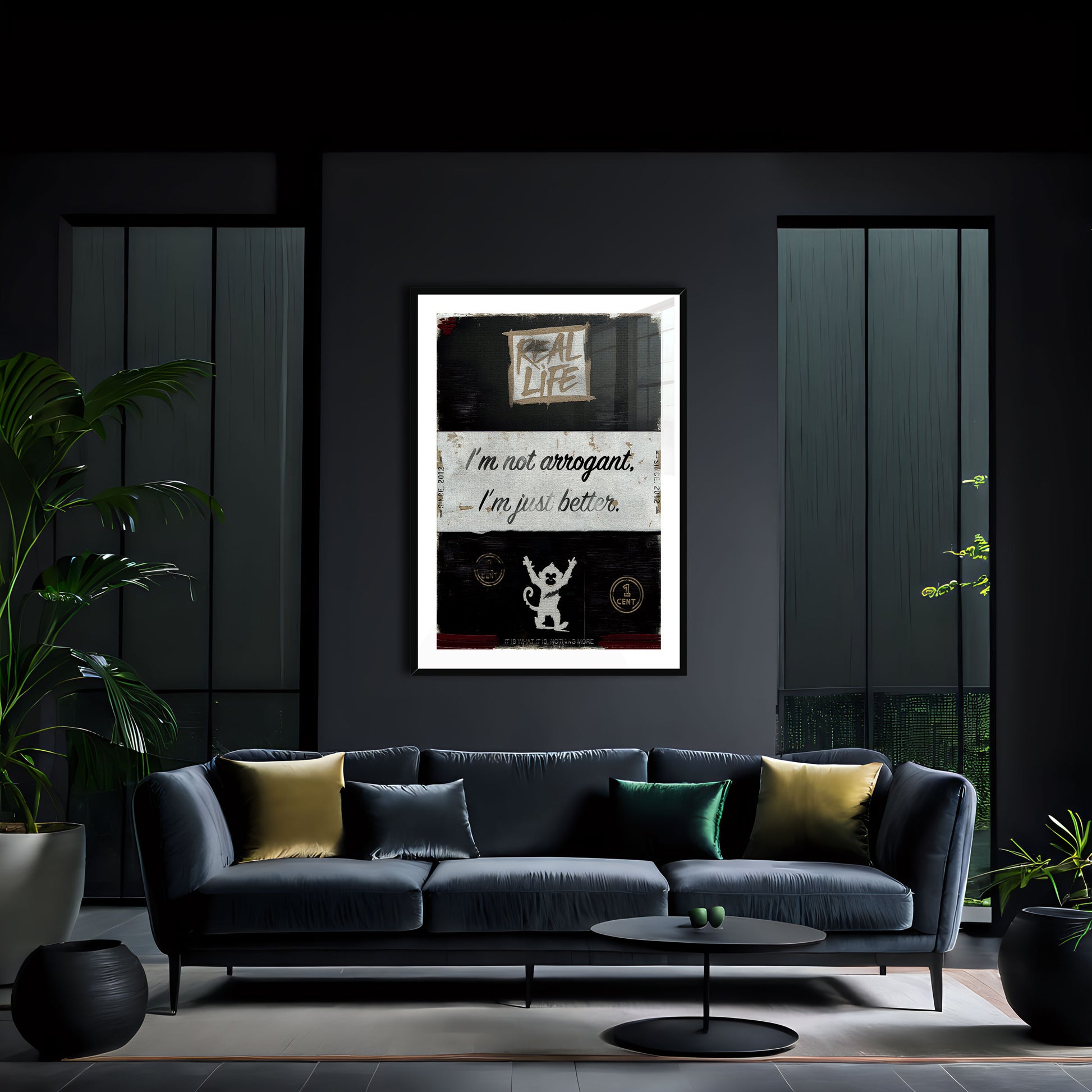 Arrogant is an original and exclusive contemporary art, luxury artwork print, it's Giclée printed on to premium, gently textured museum grade fine art paper, surrounded by a conservation grade mount that will not discolour or fade, all enclosed within a 33mm deep, hand-made and hand-stained solid ash-wood frame that's finished with a specialist wax to accentuate the grain. Finally, the artwork sits behind a real glass front. Image 2.
