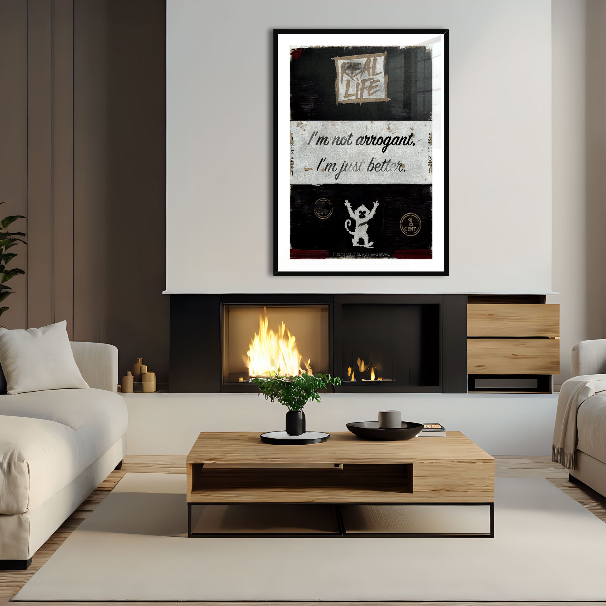 Arrogant is an original and exclusive contemporary art, luxury artwork print, it's Giclée printed on to premium, gently textured museum grade fine art paper, surrounded by a conservation grade mount that will not discolour or fade, all enclosed within a 33mm deep, hand-made and hand-stained solid ash-wood frame that's finished with a specialist wax to accentuate the grain. Finally, the artwork sits behind a real glass front. Image 3.