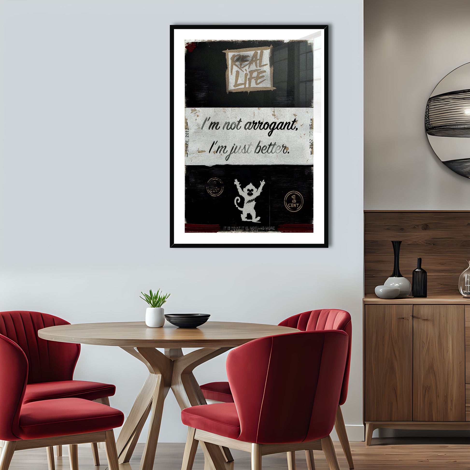Arrogant is an original and exclusive contemporary art, luxury artwork print, it's Giclée printed on to premium, gently textured museum grade fine art paper, surrounded by a conservation grade mount that will not discolour or fade, all enclosed within a 33mm deep, hand-made and hand-stained solid ash-wood frame that's finished with a specialist wax to accentuate the grain. Finally, the artwork sits behind a real glass front. Image 4.