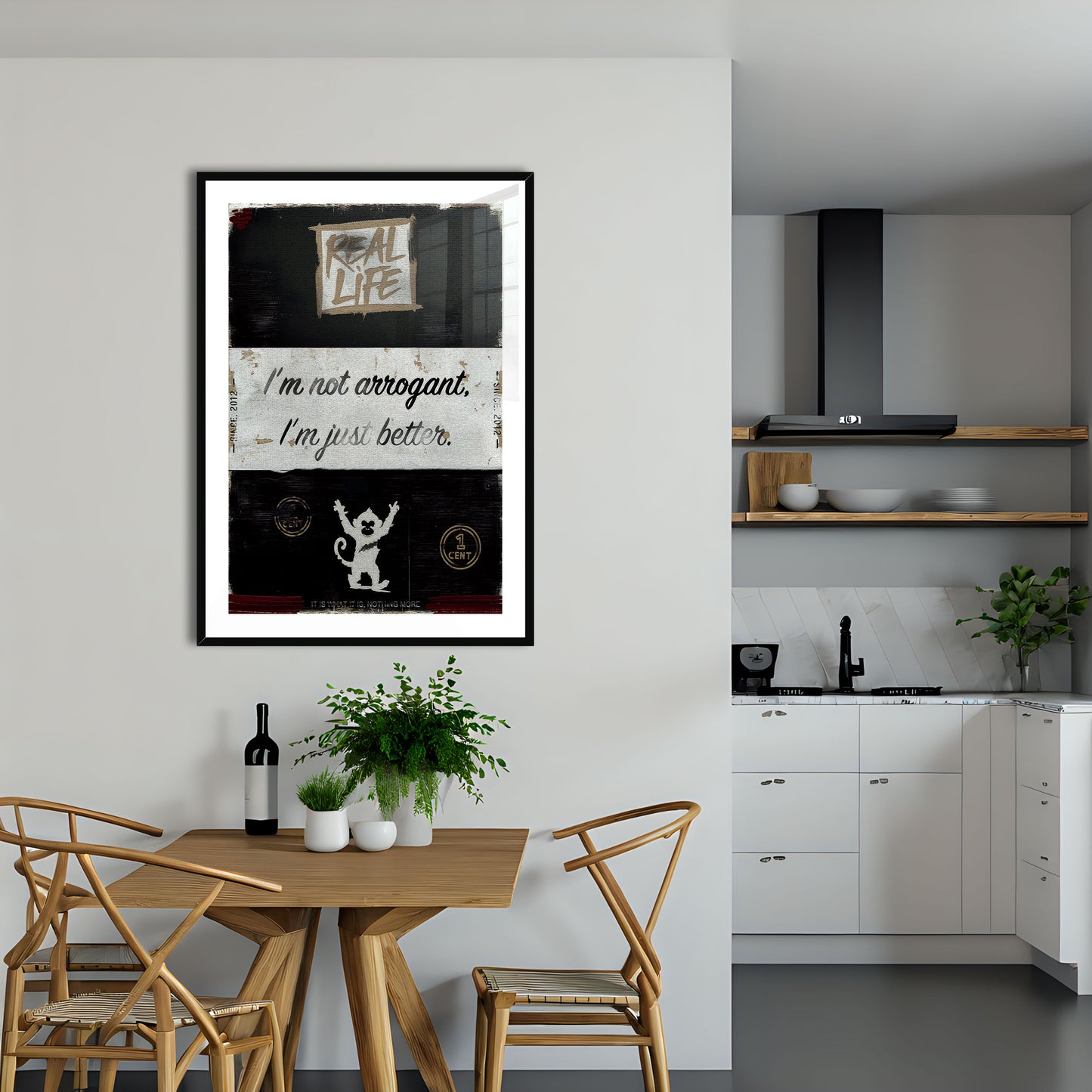 Arrogant is an original and exclusive contemporary art, luxury artwork print, it's Giclée printed on to premium, gently textured museum grade fine art paper, surrounded by a conservation grade mount that will not discolour or fade, all enclosed within a 33mm deep, hand-made and hand-stained solid ash-wood frame that's finished with a specialist wax to accentuate the grain. Finally, the artwork sits behind a real glass front. Image 5.