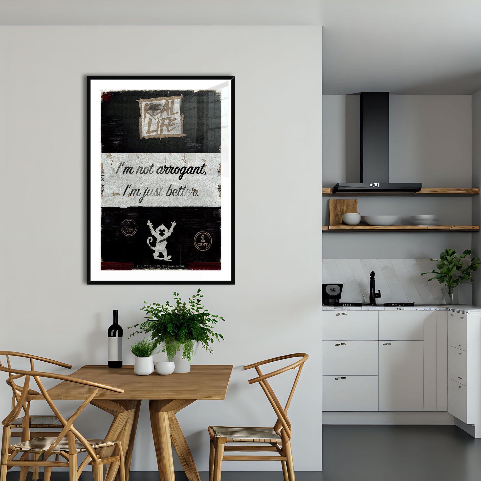 Arrogant is an original and exclusive contemporary art, luxury artwork print, it's Giclée printed on to premium, gently textured museum grade fine art paper, surrounded by a conservation grade mount that will not discolour or fade, all enclosed within a 33mm deep, hand-made and hand-stained solid ash-wood frame that's finished with a specialist wax to accentuate the grain. Finally, the artwork sits behind a real glass front. Image 5.